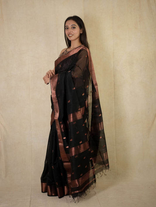 HANDWOVEN BLACK COLOUR MAHESWARI SILK BY COTTON SAREE WITH 88 CM BLOUSE PIECE