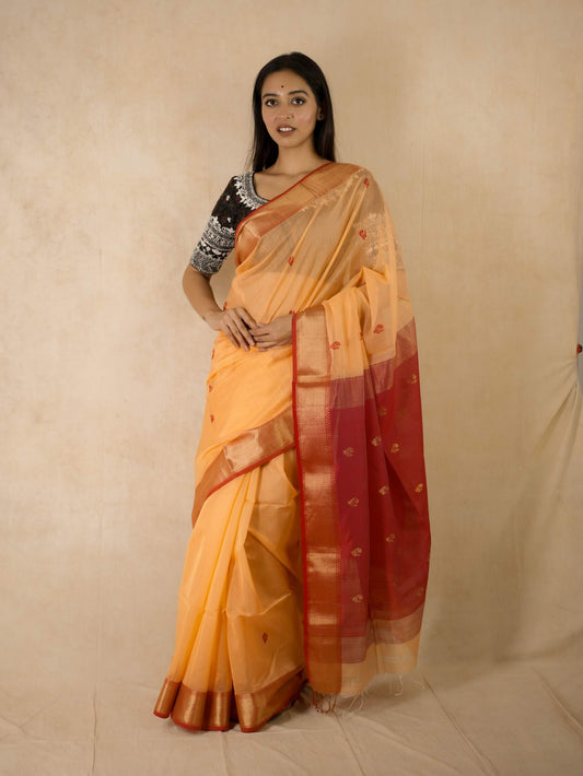 HANDWOVEN PEACH COLOUR MAHESWARI SILK-COTTON SAREE WITH 75 CM BLOUSE PIECE