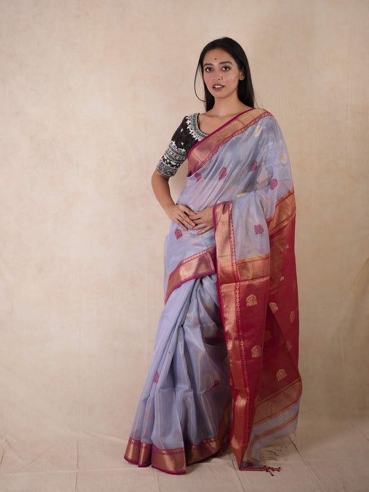 HANDWOVEN RED & LAVENDER COLOUR MAHESWARI TISSUE SAREE WITH 76 CM BLOUSE PIECE