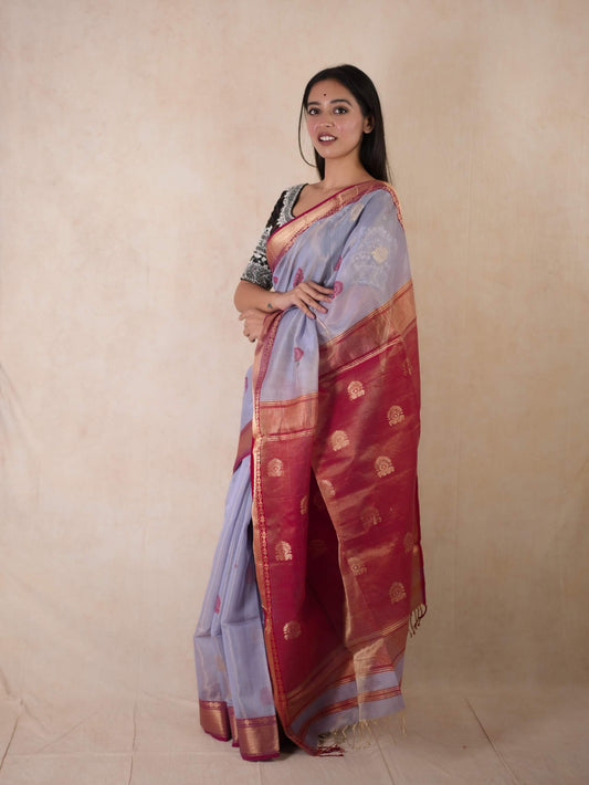 HANDWOVEN RED & LAVENDER COLOUR MAHESWARI TISSUE SAREE WITH 76 CM BLOUSE PIECE