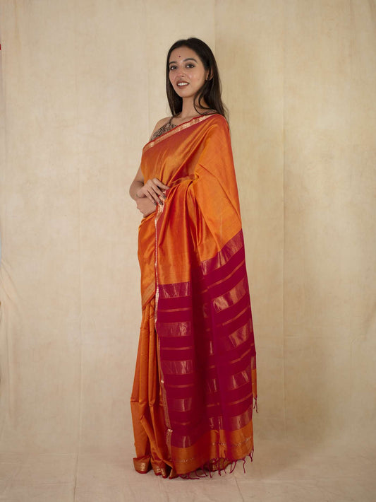 HANDWOVEN ORANGE-GOLDEN COLOUR MAHESWARI SILK BY COTTON SAREE WITH 80 CM BLOUSE PIECE