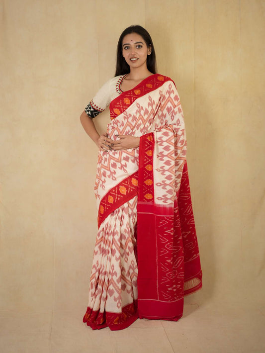 HANDWOVEN RED AND WHITE COLOUR POCHAMPALLY MERCIRISED COTTON SAREE WITH 80 CM BLOUSE PIECE