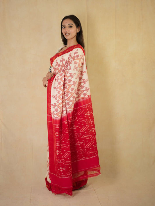 HANDWOVEN RED AND WHITE COLOUR POCHAMPALLY MERCIRISED COTTON SAREE WITH 80 CM BLOUSE PIECE