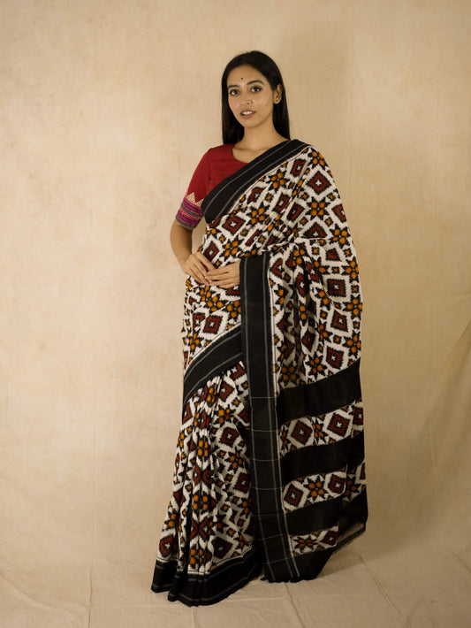 HANDWOVEN POCHAMPALLY MERSERISED COTTON DOUBLE IKKAT SAREE WITH 82 CM BLOUSE PIECE