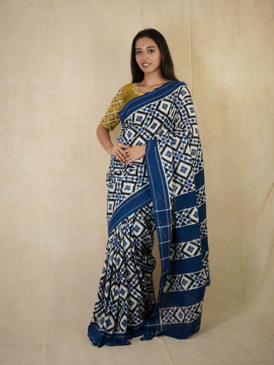 HANDWOVEN BLUE AND WHITE COLOUR POCHAMPALLY MERCIRISED COTTON SAREE WITH 88 CM BLOUSE PIECE