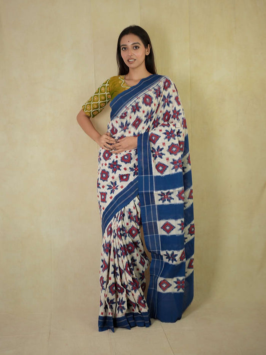 HANDWOVEN BLUE AND WHITE COLOUR POCHAMPALLY MERCIRISED COTTON SAREE WITH 91 CM BLOUSE PIECE