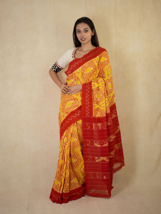 HANDWOVEN RED AND YELLOW COLOUR POCHAMPALLY MERCIRISED COTTON SAREE WITH 92 CM BLOUSE PIECE
