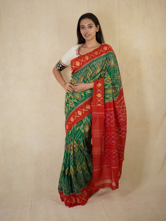 HANDWOVEN GREEN COLOUR POCHAMPALLY MERCIRISED COTTON SAREE WITH 1 M BLOUSE PIECE