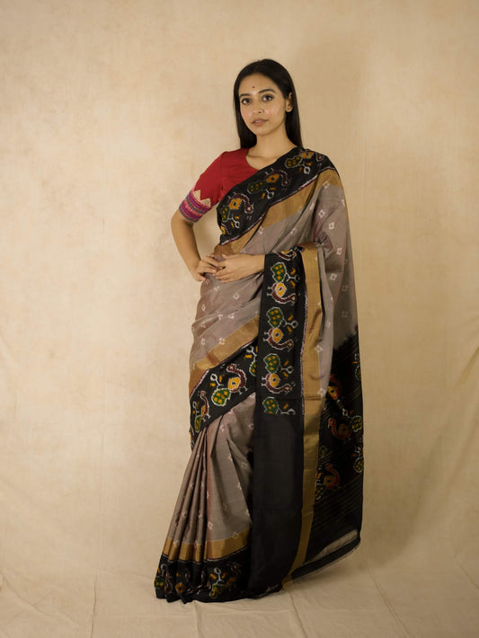HANDWOVEN DUSTY OLIVE COLOUR POCHAMPALLY SILK SAREE WITH 69 CM BLOUSE PIECE