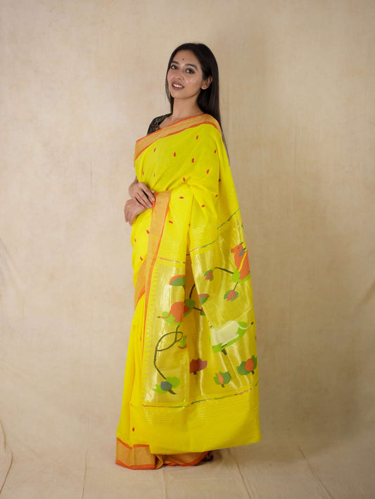 HANDWOVEN YELLOW COLOUR PAITHANI COTTON SAREE WITH 57 CM BLOUSE PIECE