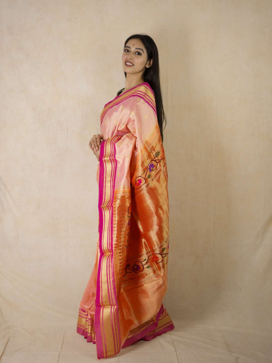 HANDWOVEN PEACHISH PINK COLOUR PAITHANI SILK SAREE WITH 85 CM BLOUSE PIECE