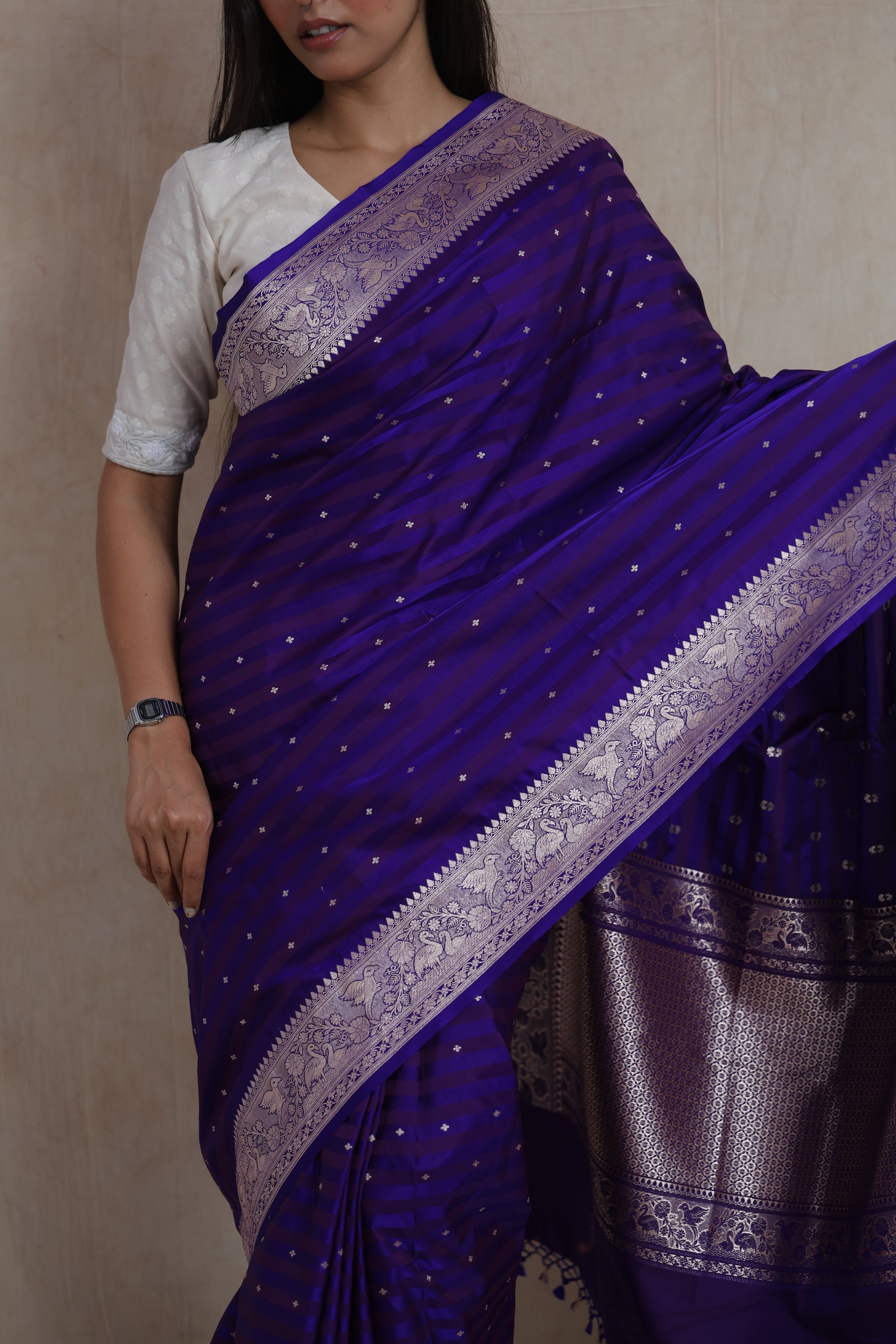 Full front view of royal indigo Banarasi Art Silk saree with silver woven border