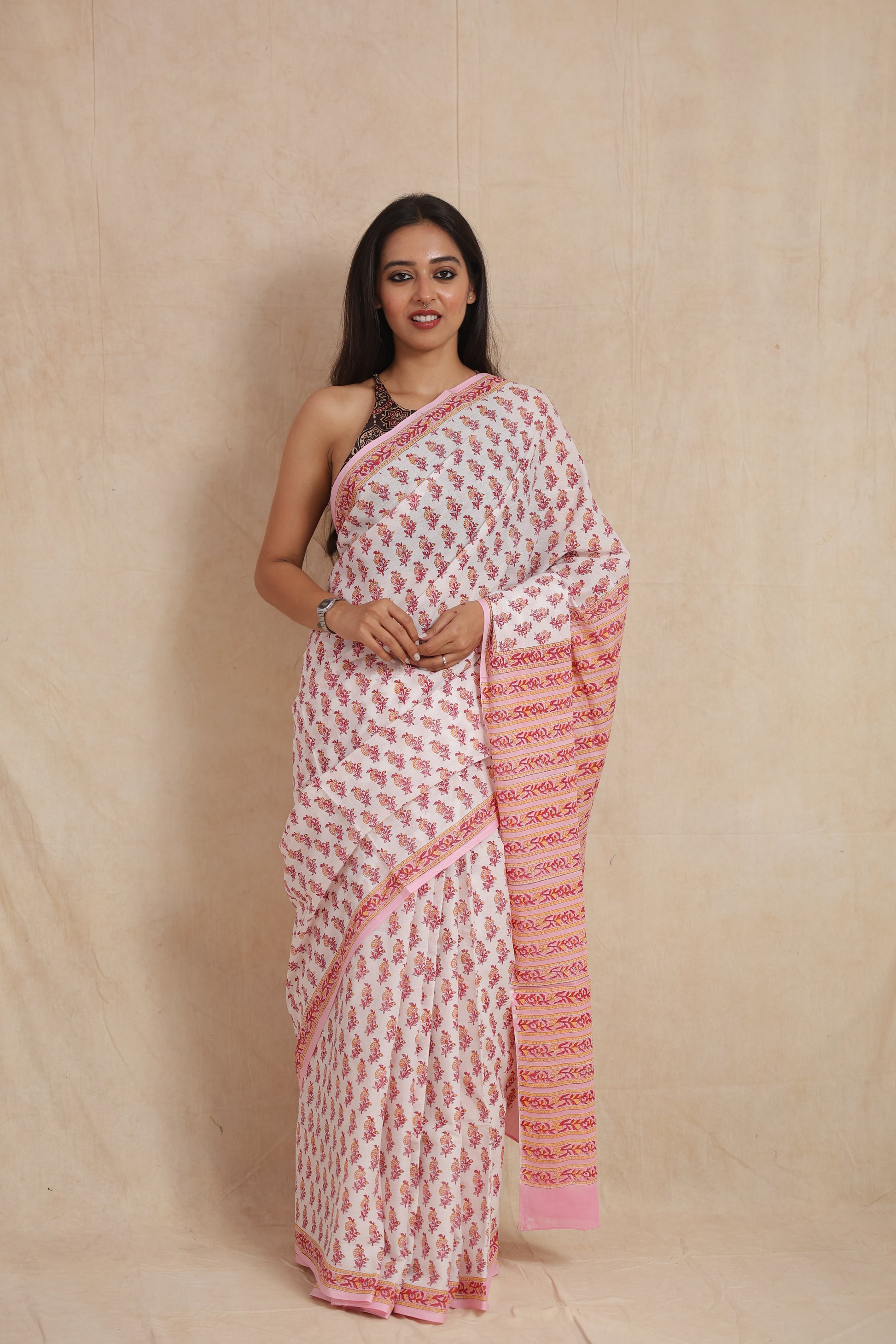Soft Pink Sanganeri Cotton Saree with Floral Handblock Print & Striped Pallu