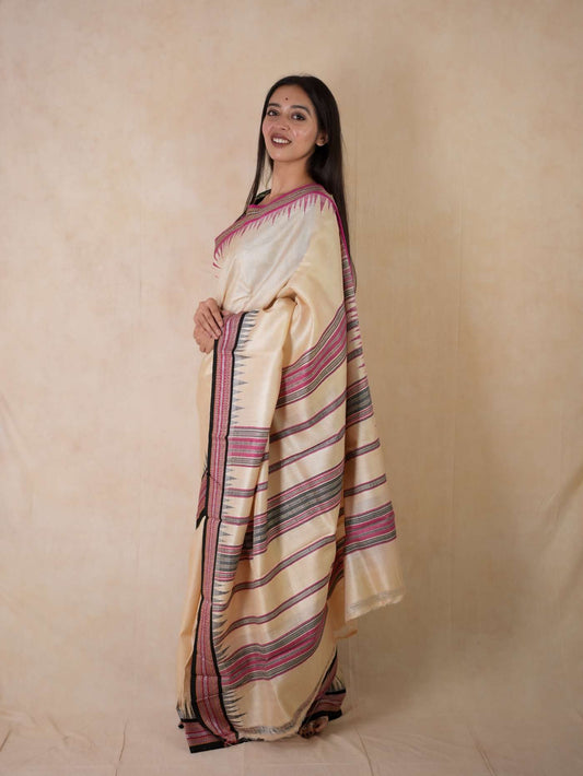 HANDWOVEN OFF-WHITE COLOUR VIDARBHA TUSSAR SILK SAREE IN 1 M BLOUSE PIECE