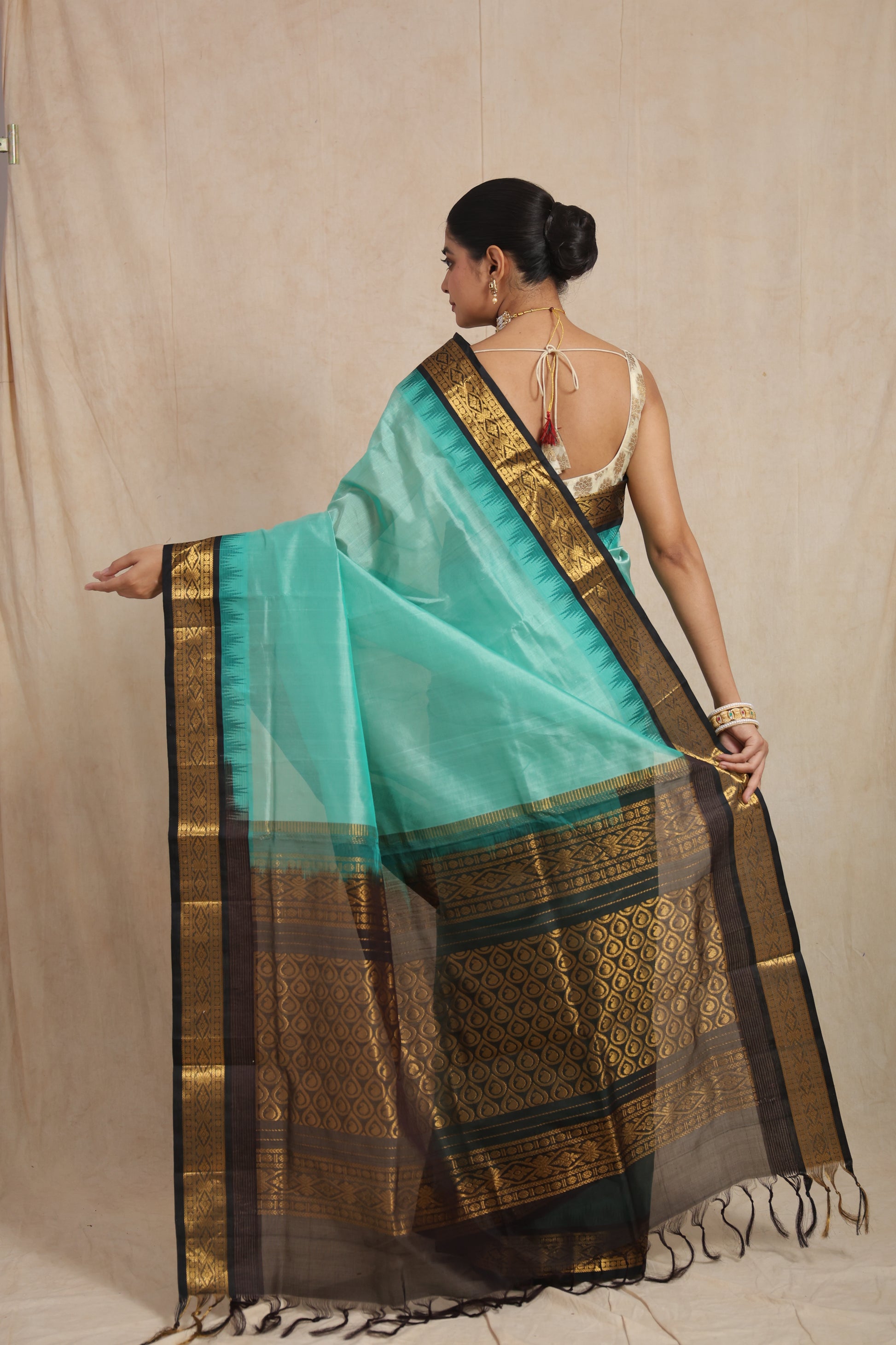 Back view of aqua blue Kanchipuram Sico saree with rich woven pallu and tassels