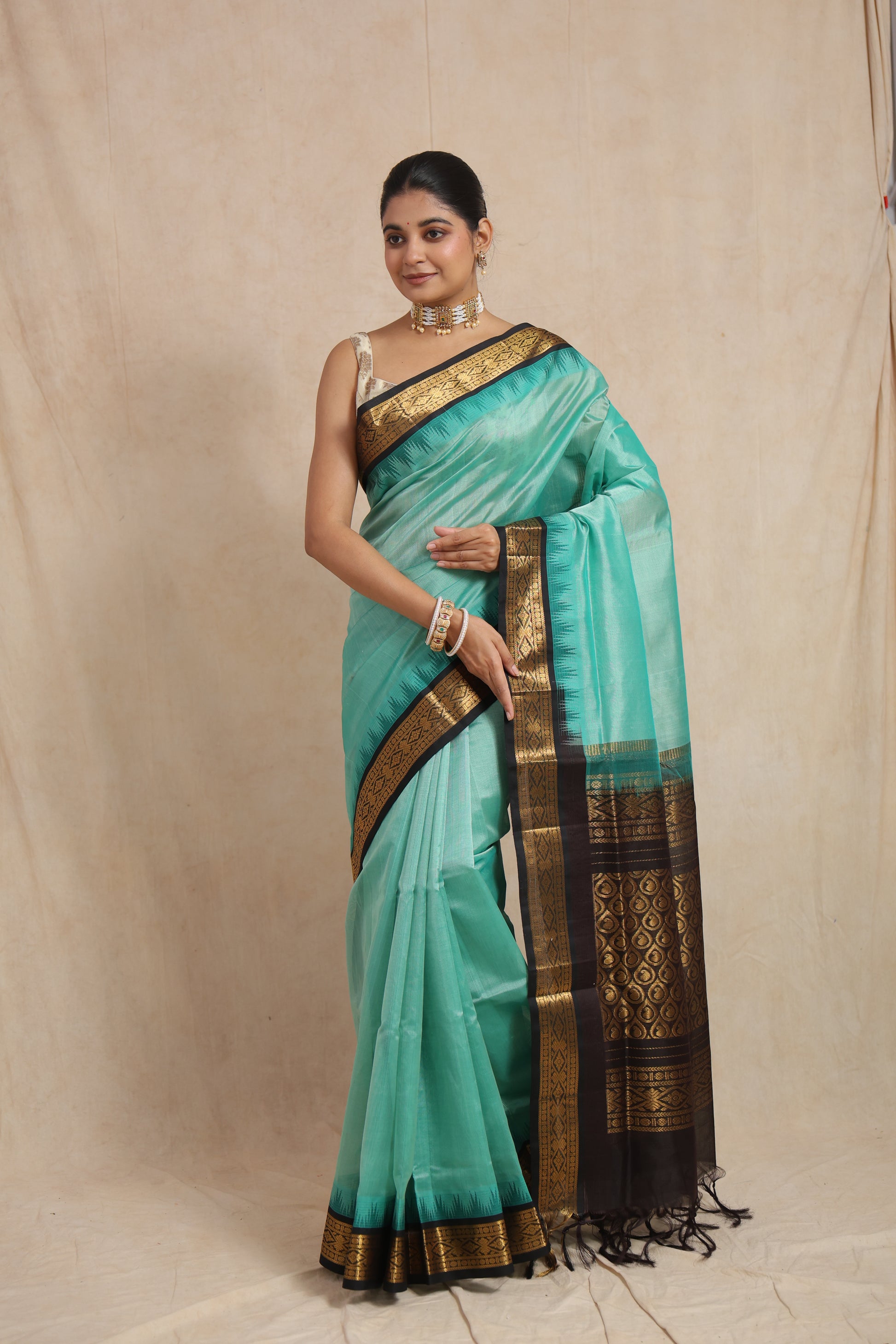 Elegant drape of aqua blue Kanchipuram Sico saree with traditional woven border
