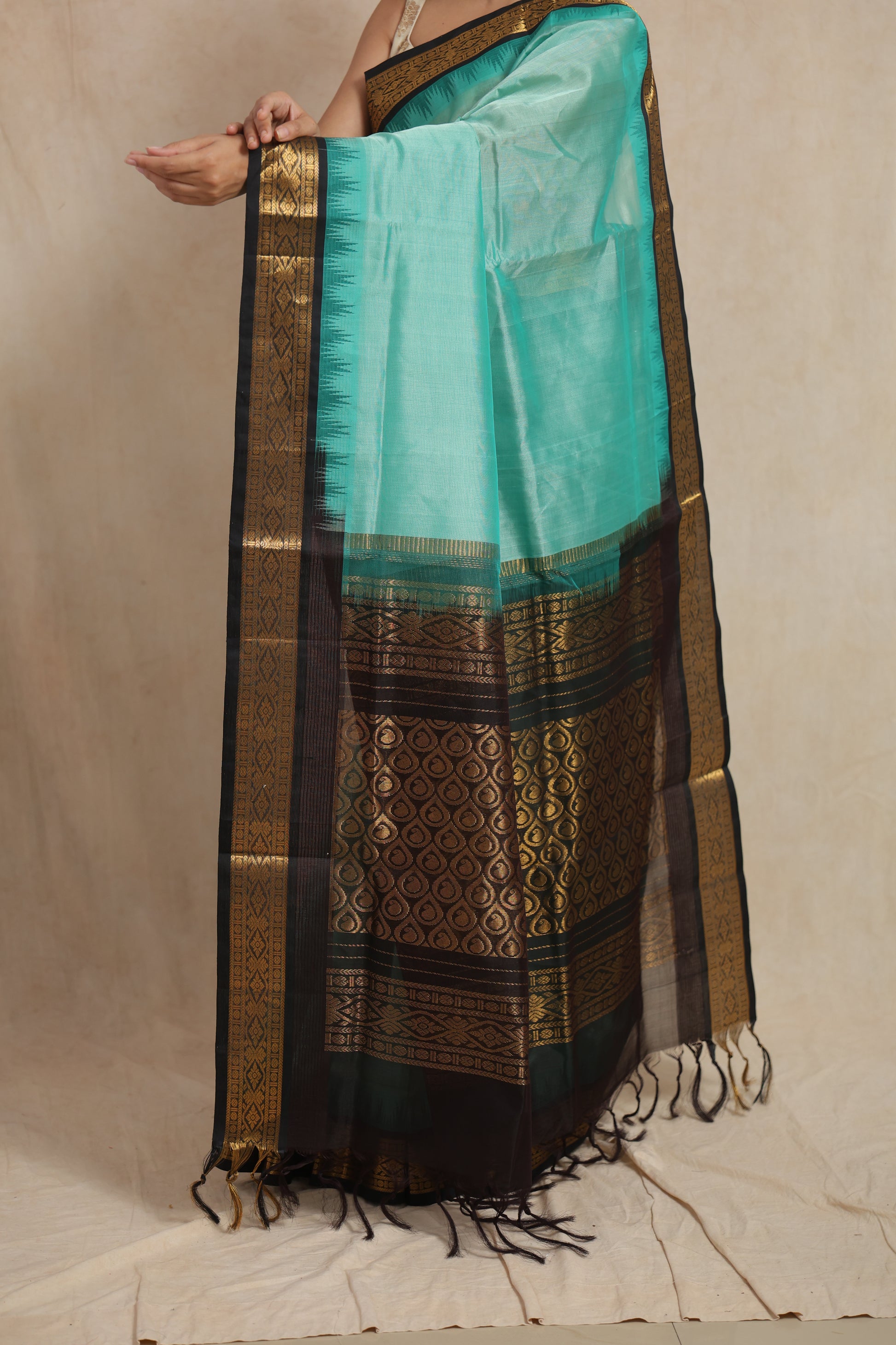 Detailed pallu view of aqua blue Kanchipuram Sico saree with antique gold woven motifs