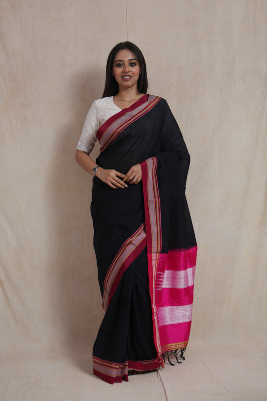 Full front view of traditional black Ilkal cotton saree