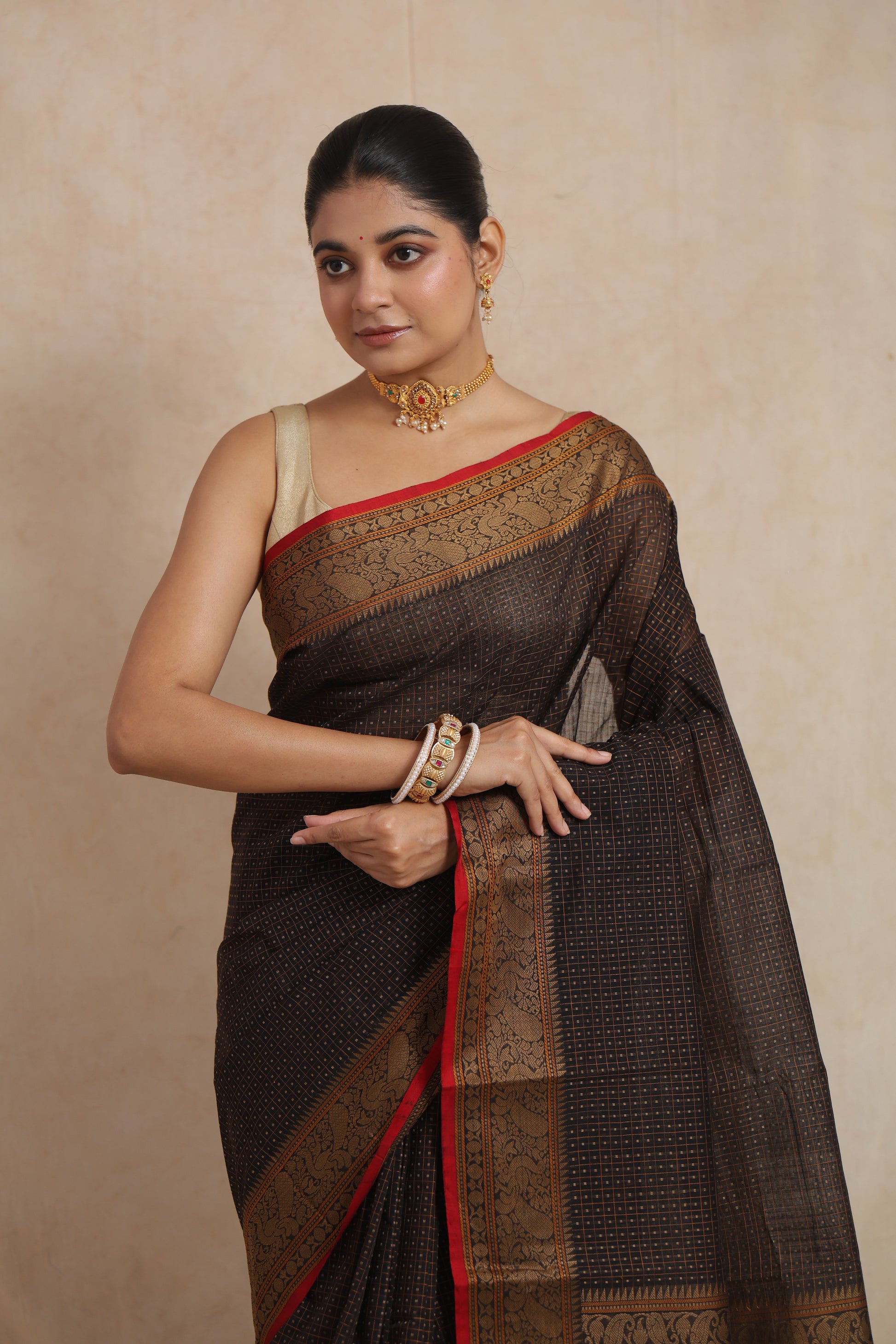 Close-up of black Kanchipuram cotton saree border and weave