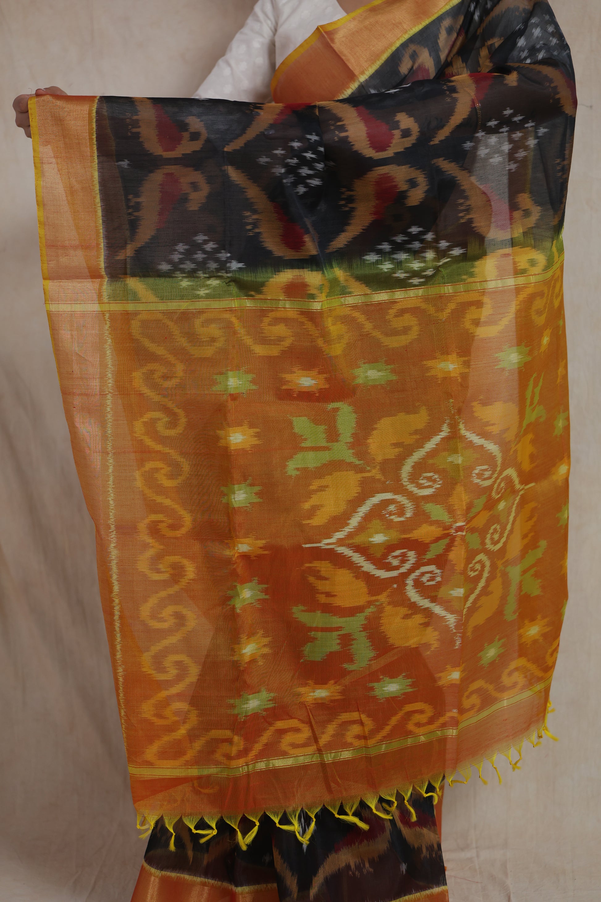 Full pallu display of black and mustard Panchampali SICO saree with traditional woven motifs
