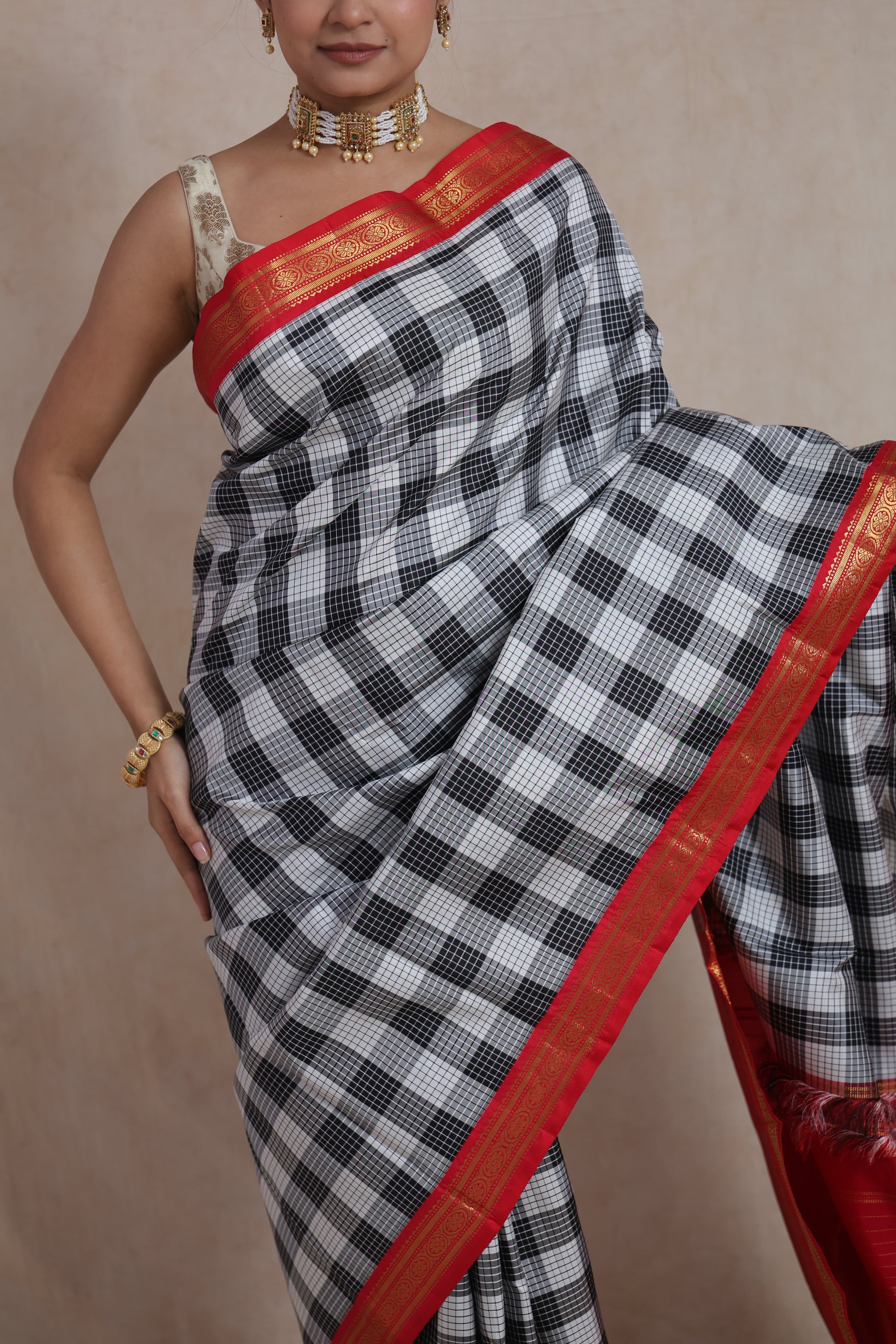 Detailed drape shot of checked Kanjivaram silk saree with classic zari border