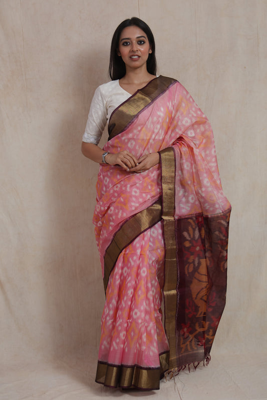 Front view of blush pink Panchampali handloom silk cotton saree with Ikat motifs and antique gold border