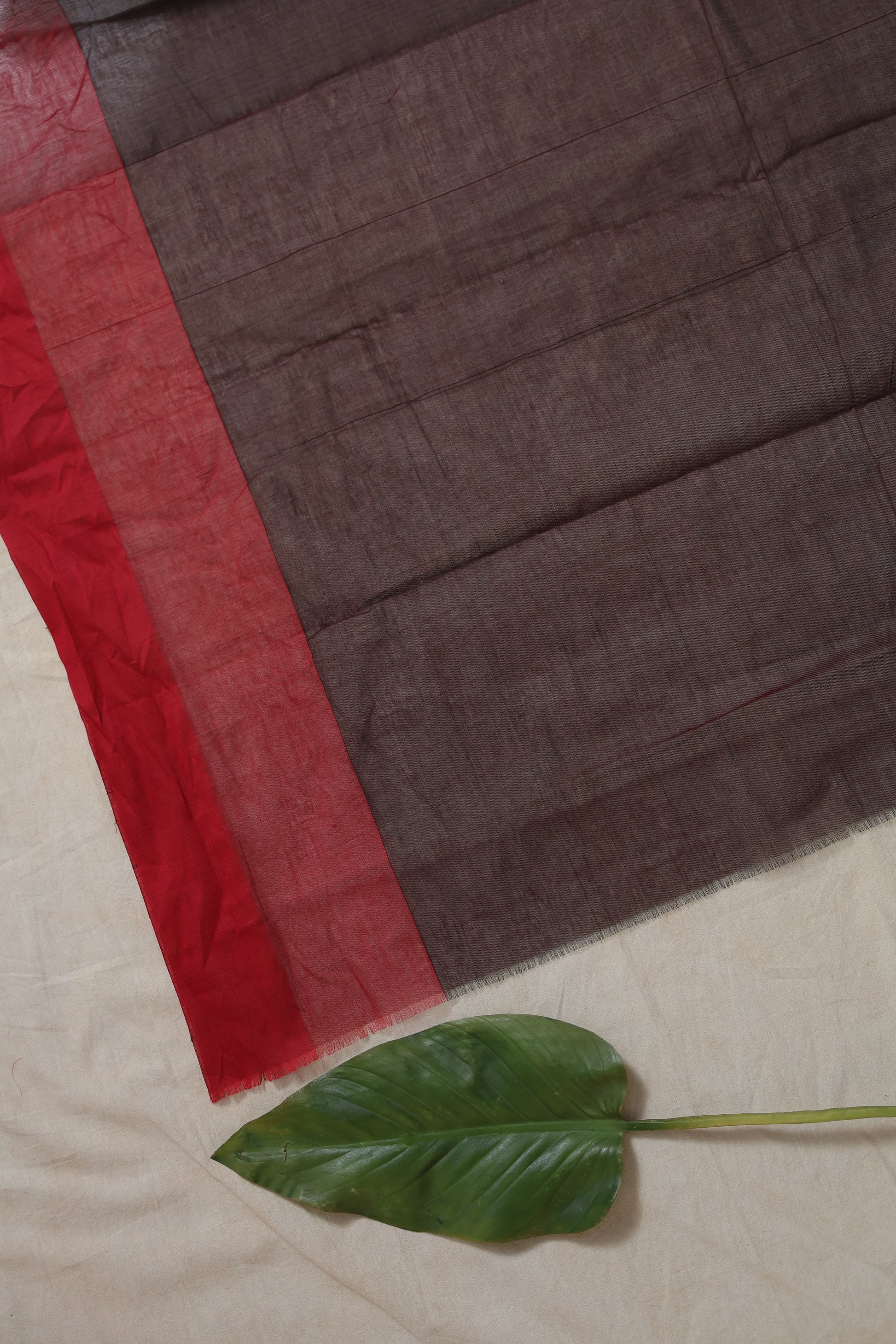 Brown saree with red border and traditional weaving detail