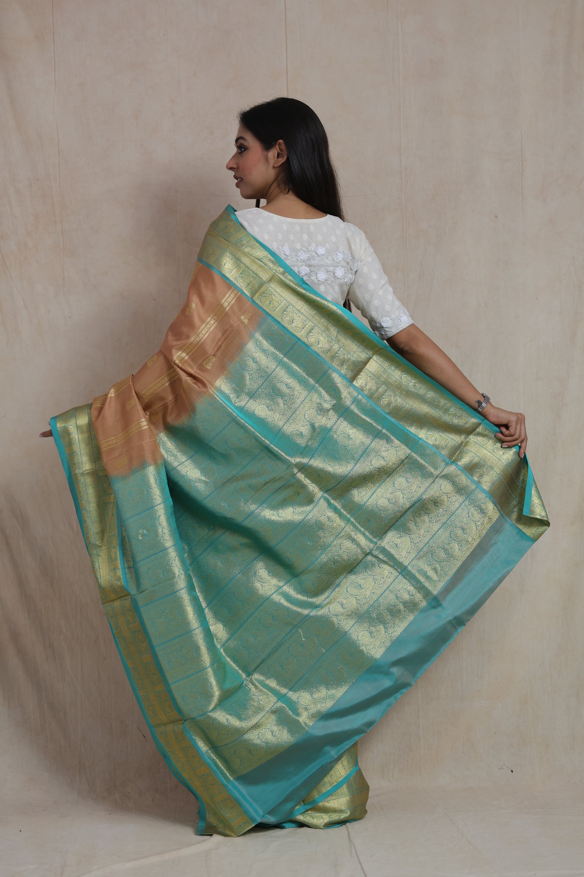Back view of champagne gold Venkatagiri handloom silk saree with aqua blue woven pallu and traditional motifs