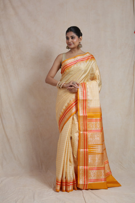 Cream Kanchipuram silk saree full front view with mustard border