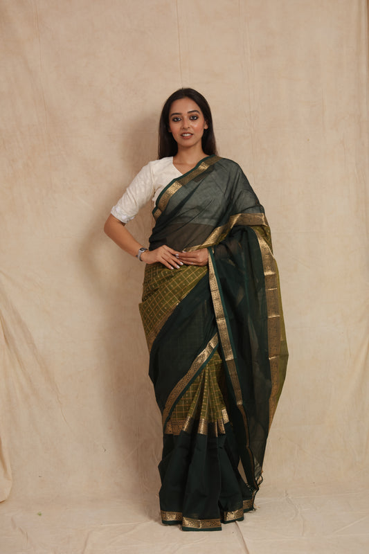 Front view of deep green Kanchipuram handloom cotton saree with olive checked pallu