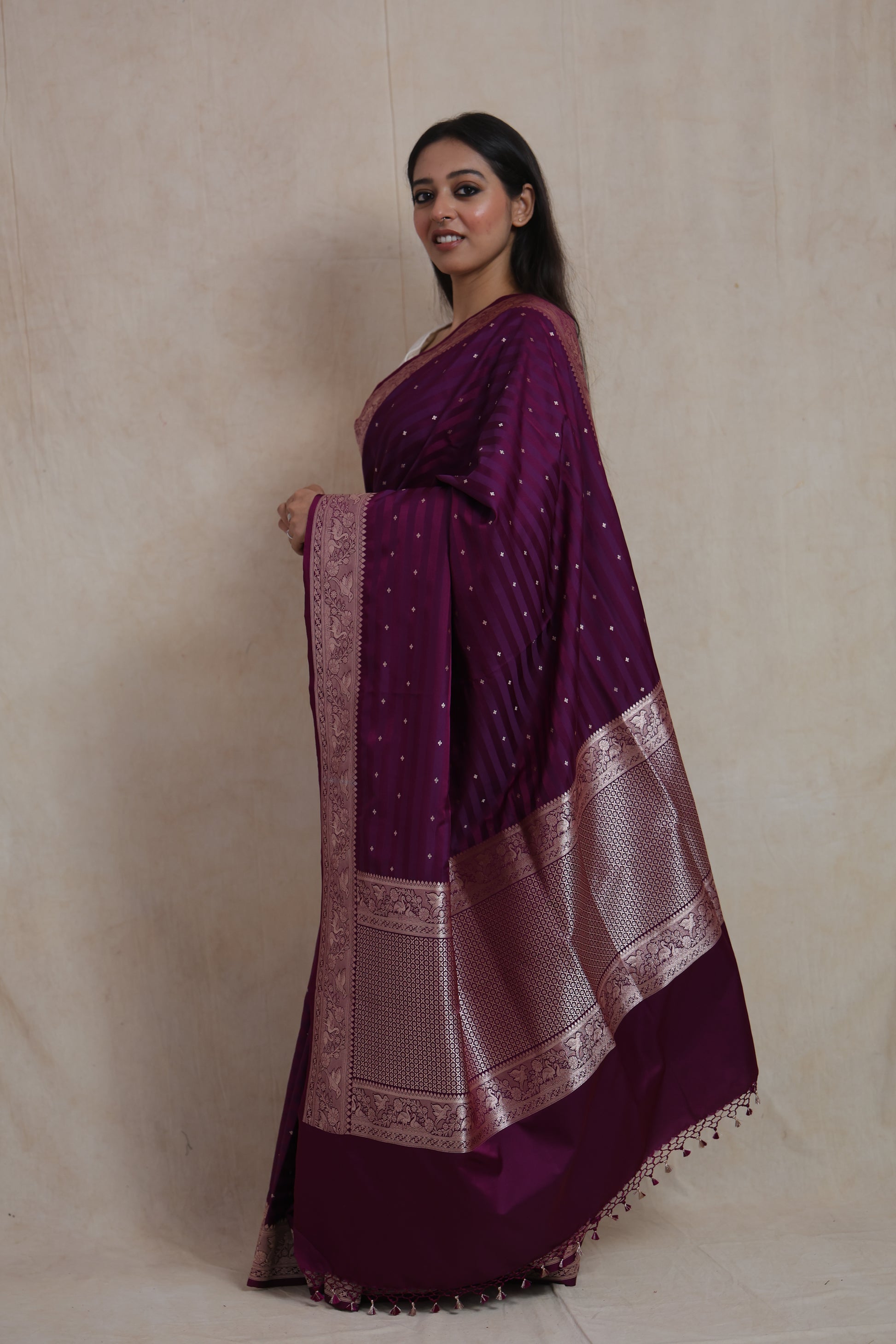 Side profile showcasing luxurious pallu and woven silver zari work on Banarasi saree.