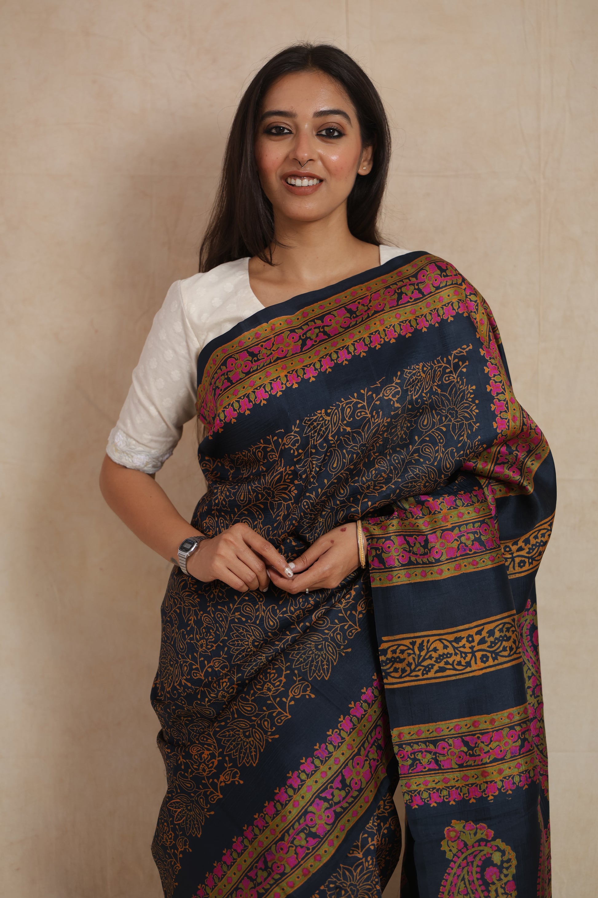 Front drape view of elegant navy blue Batik silk saree