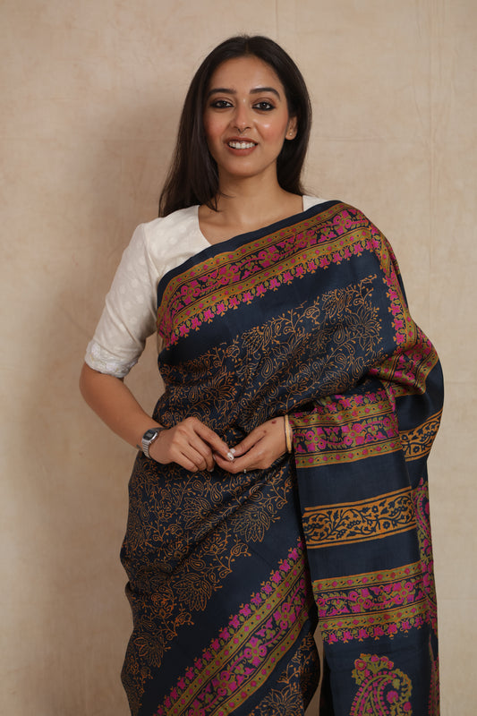Front drape view of elegant navy blue Batik silk saree