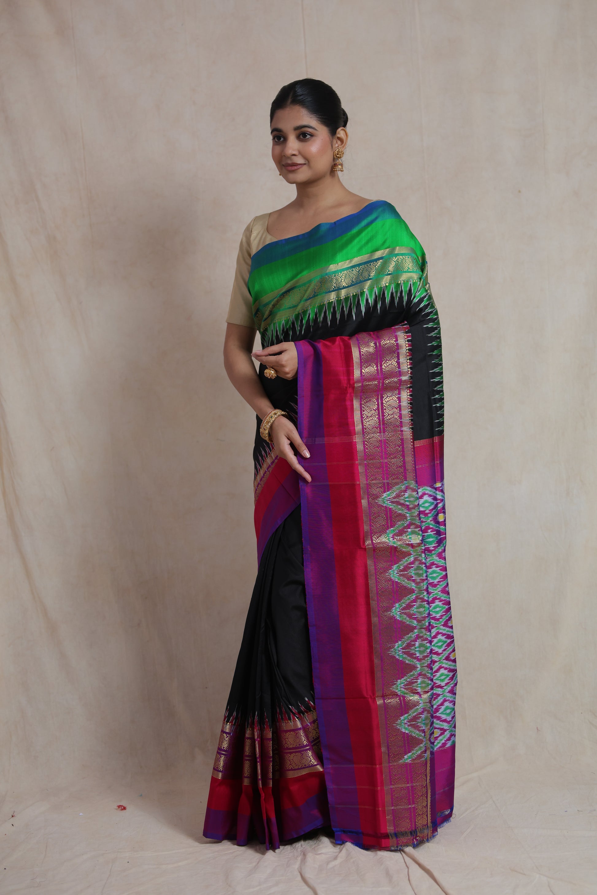Elegant black Panchampali silk saree with handcrafted woven detailing
