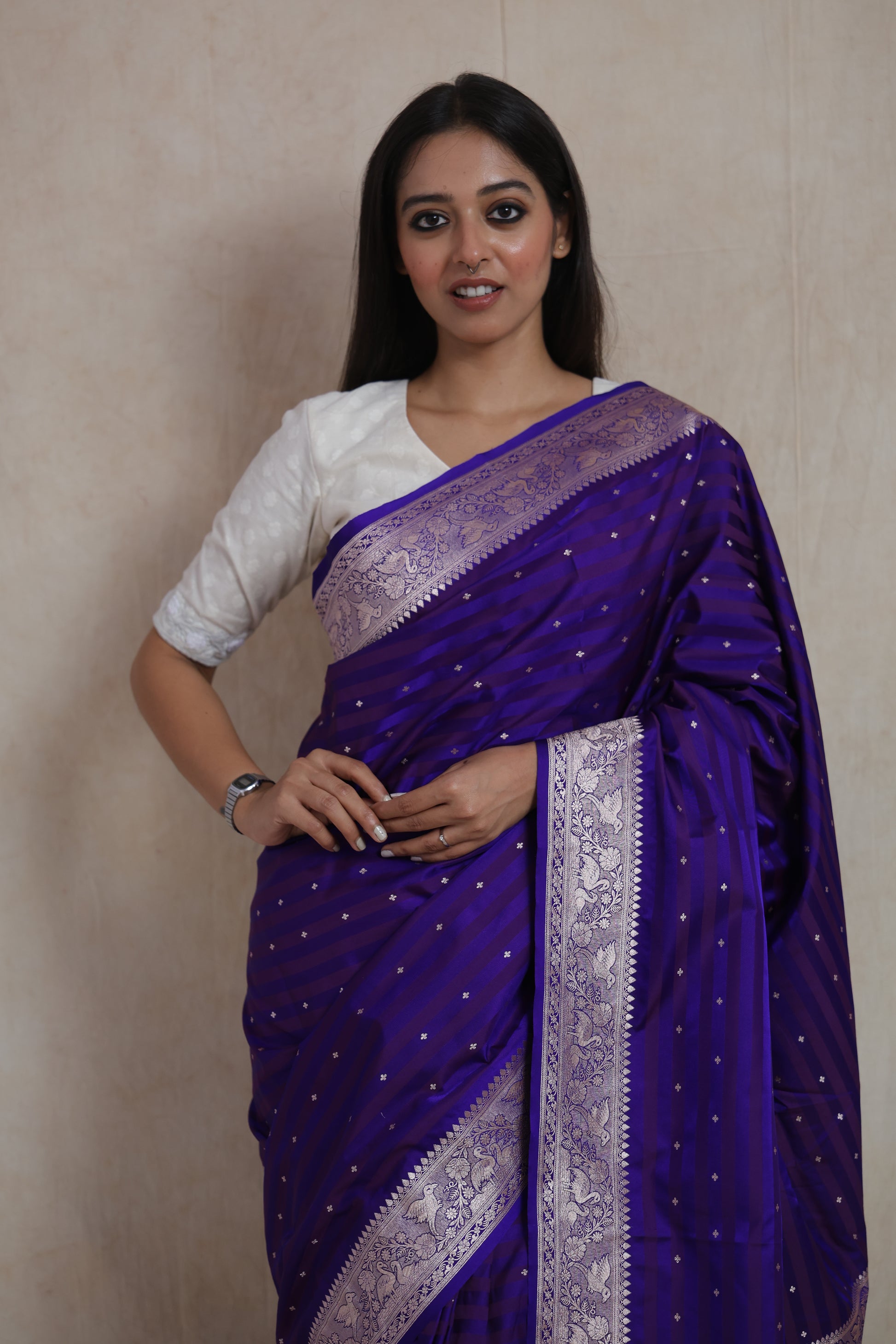 Portrait view of royal indigo Banarasi Art Silk saree with intricate zari detailing
