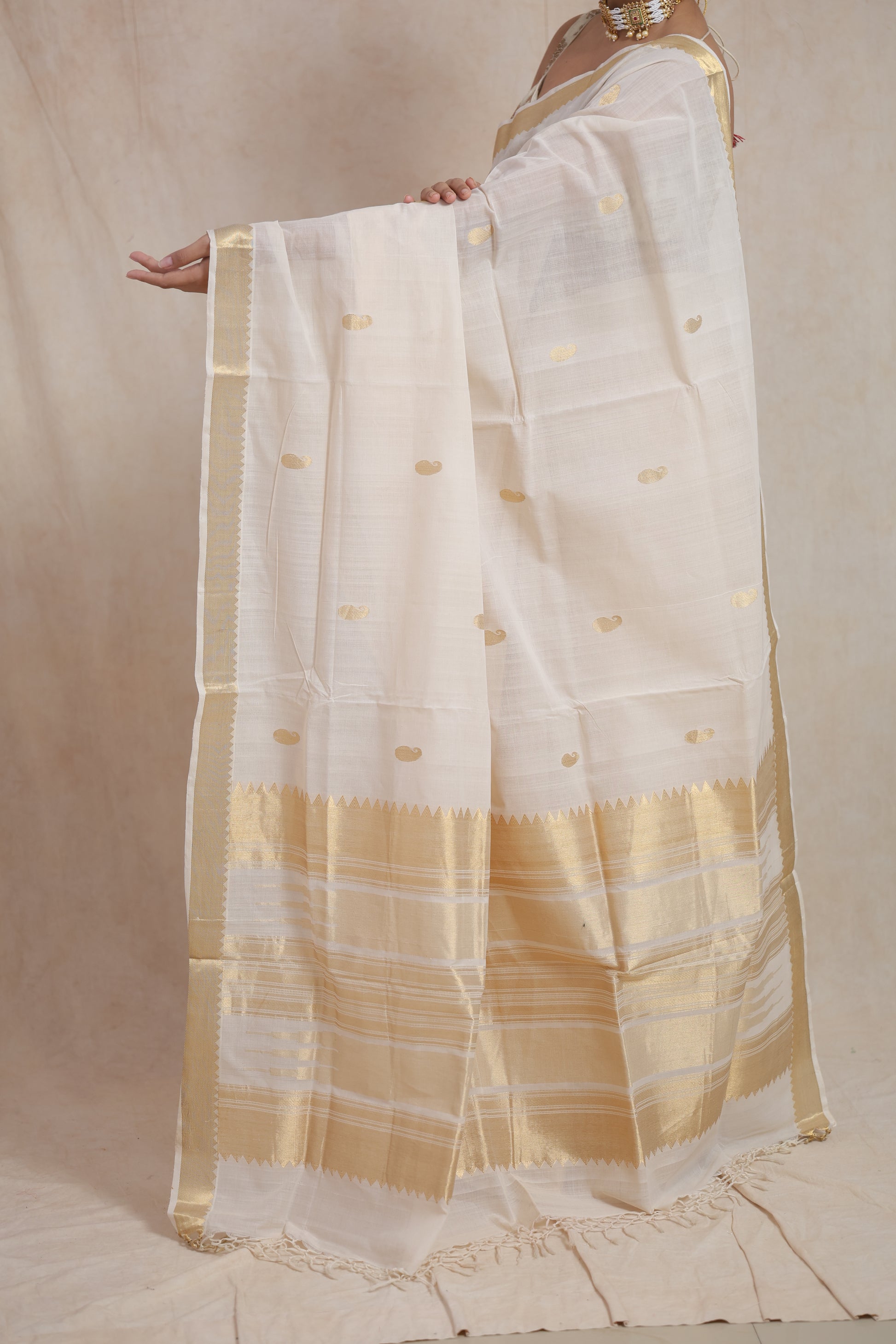 Traditional pallu display of off white Kanchipuram cotton saree with golden zari detailing
