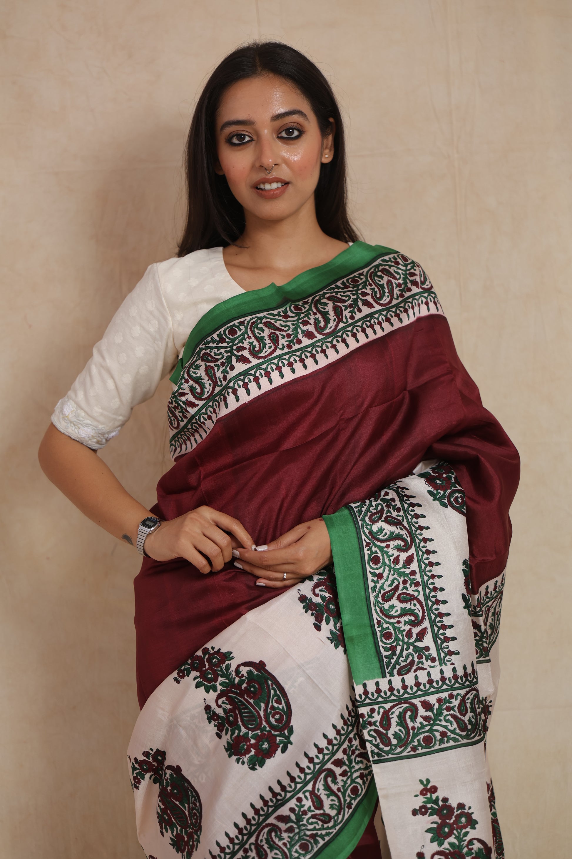 Elegant maroon Batik silk saree with intricate floral paisley printed detailing