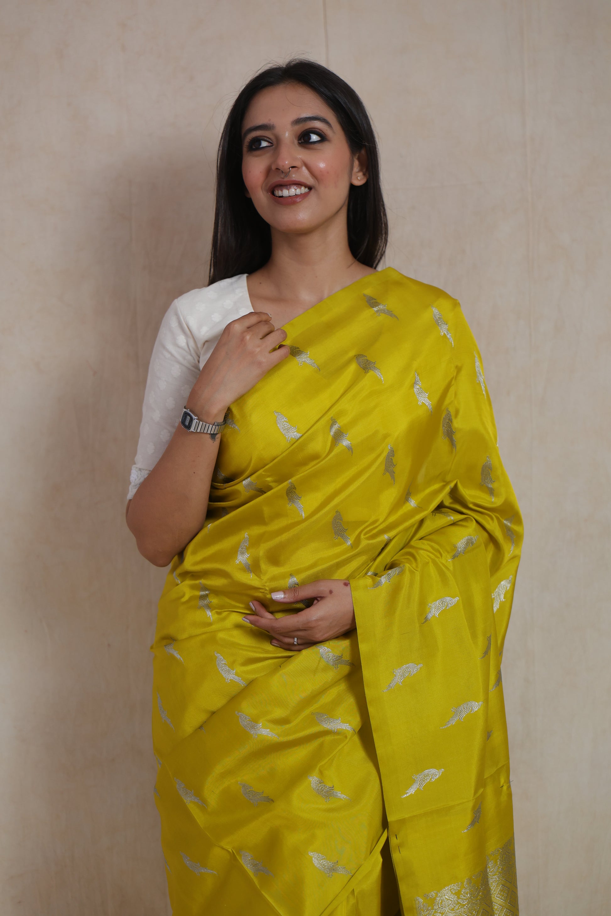 Portrait view of sunshine yellow Venkatgiri silk saree