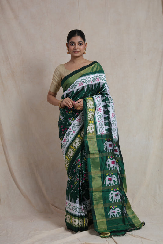Elegant front look of emerald green Pochampally Silk saree with ikat patterns