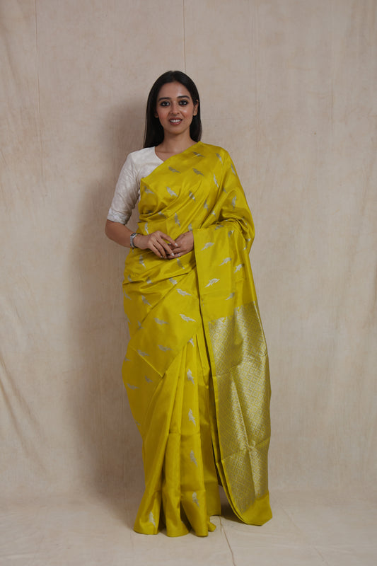 Festive styling view of yellow Venkatgiri silk saree with woven pallu