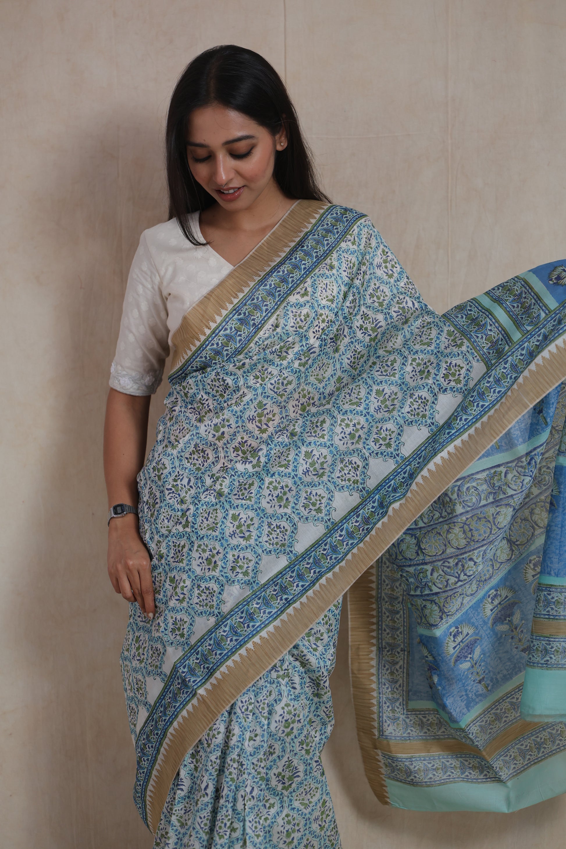Close look of Sanghnaree SICO saree featuring blue floral motifs and detailed pallu