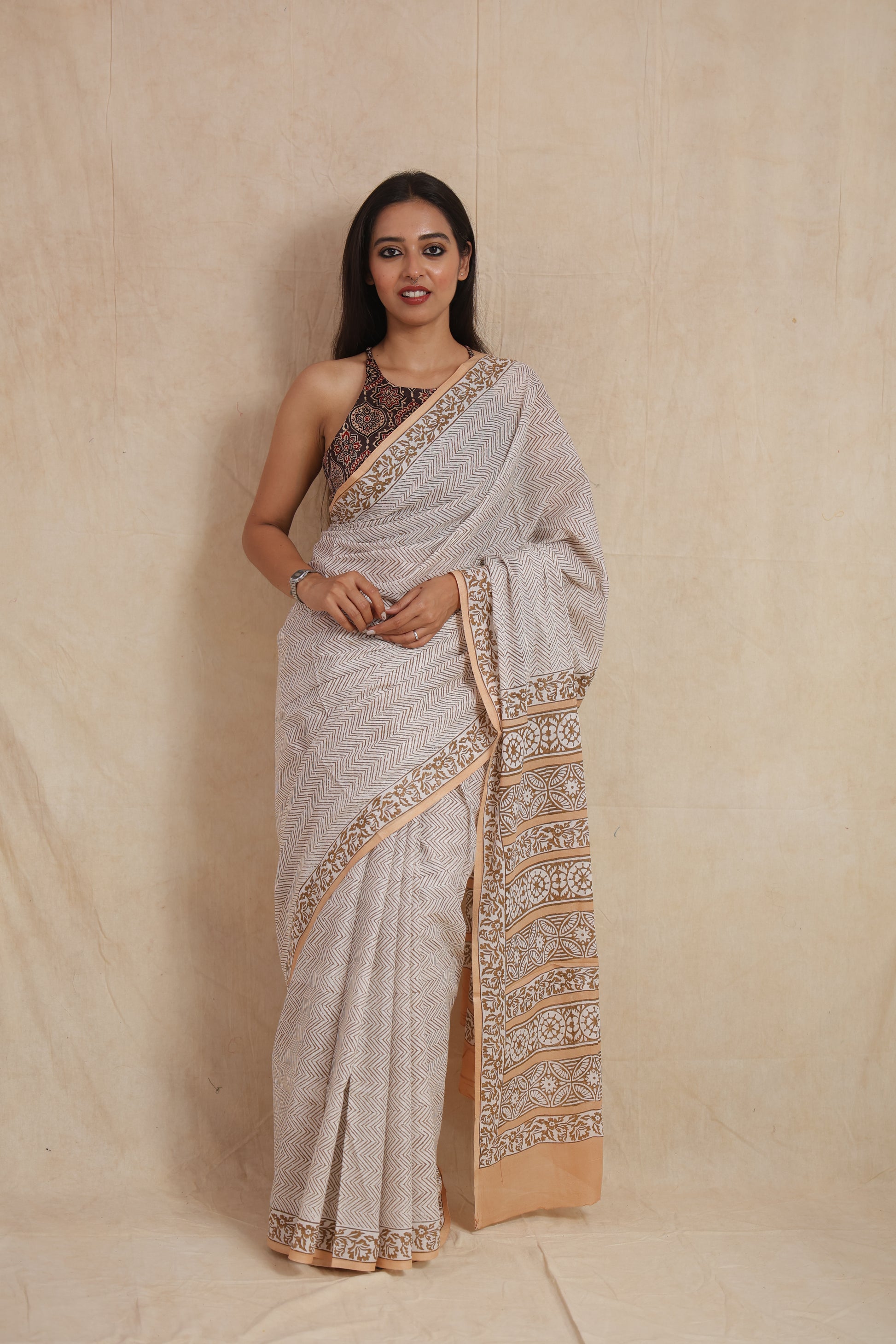 Full front view of beige and white Sanganeri cotton saree