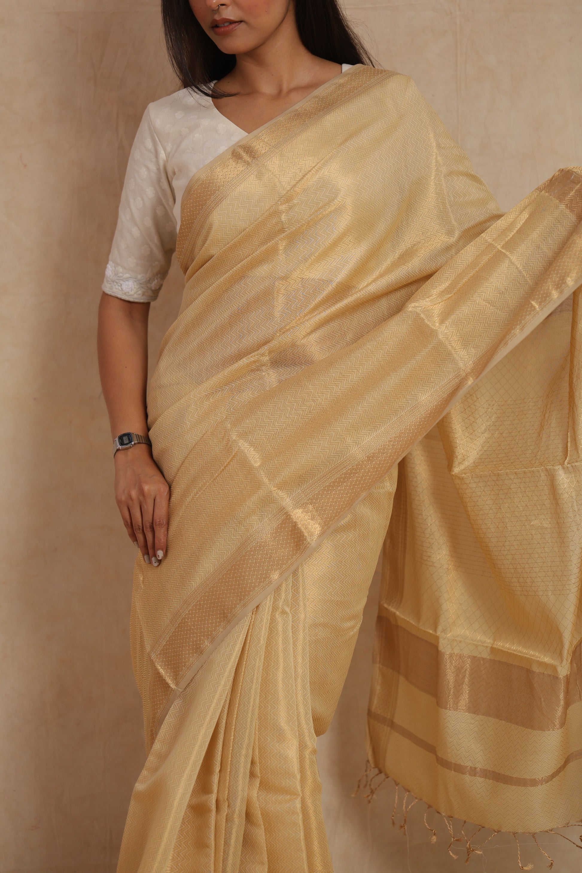 Front drape view of golden beige Maheshwari silk cotton saree with soft sheen