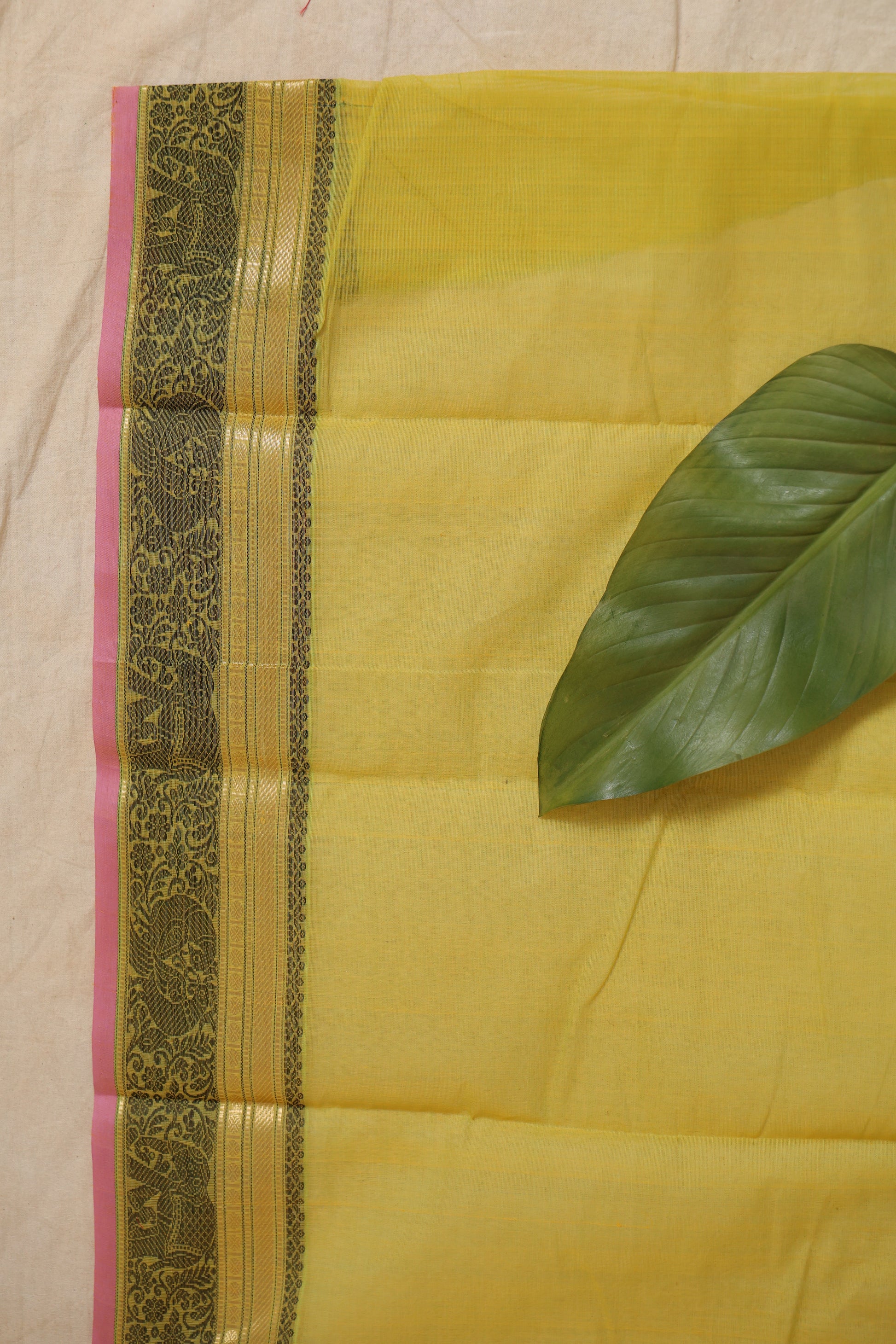 Close-up view of woven border on greenish yellow Kanchipuram cotton saree