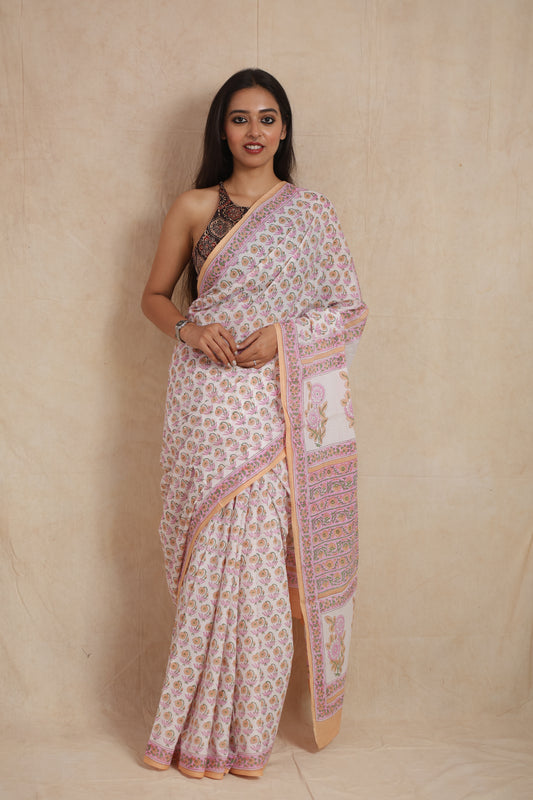 Handblock inspired pastel pink Sanganeri cotton saree full view