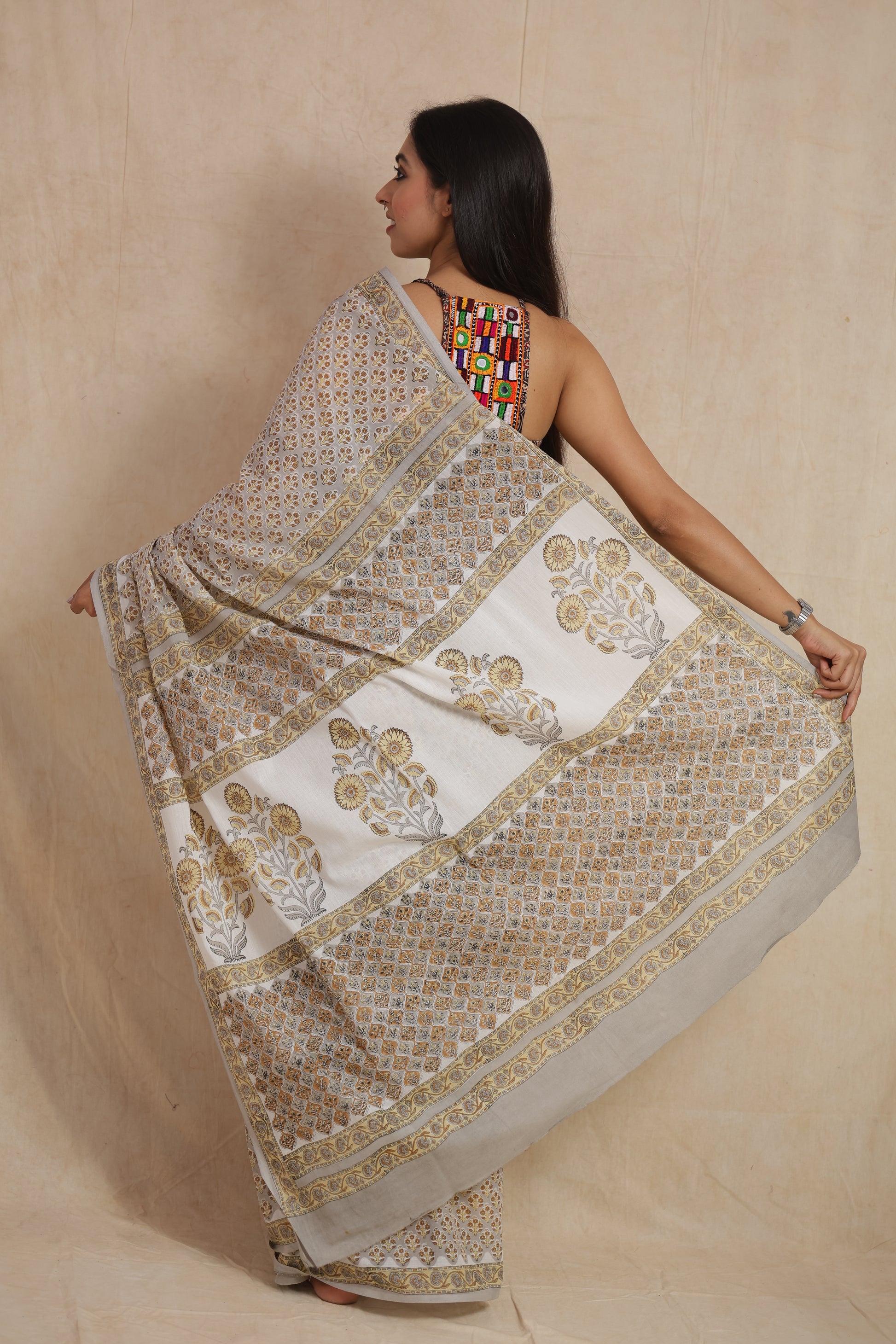 Handblock print inspired beige Sanghaneri cotton saree