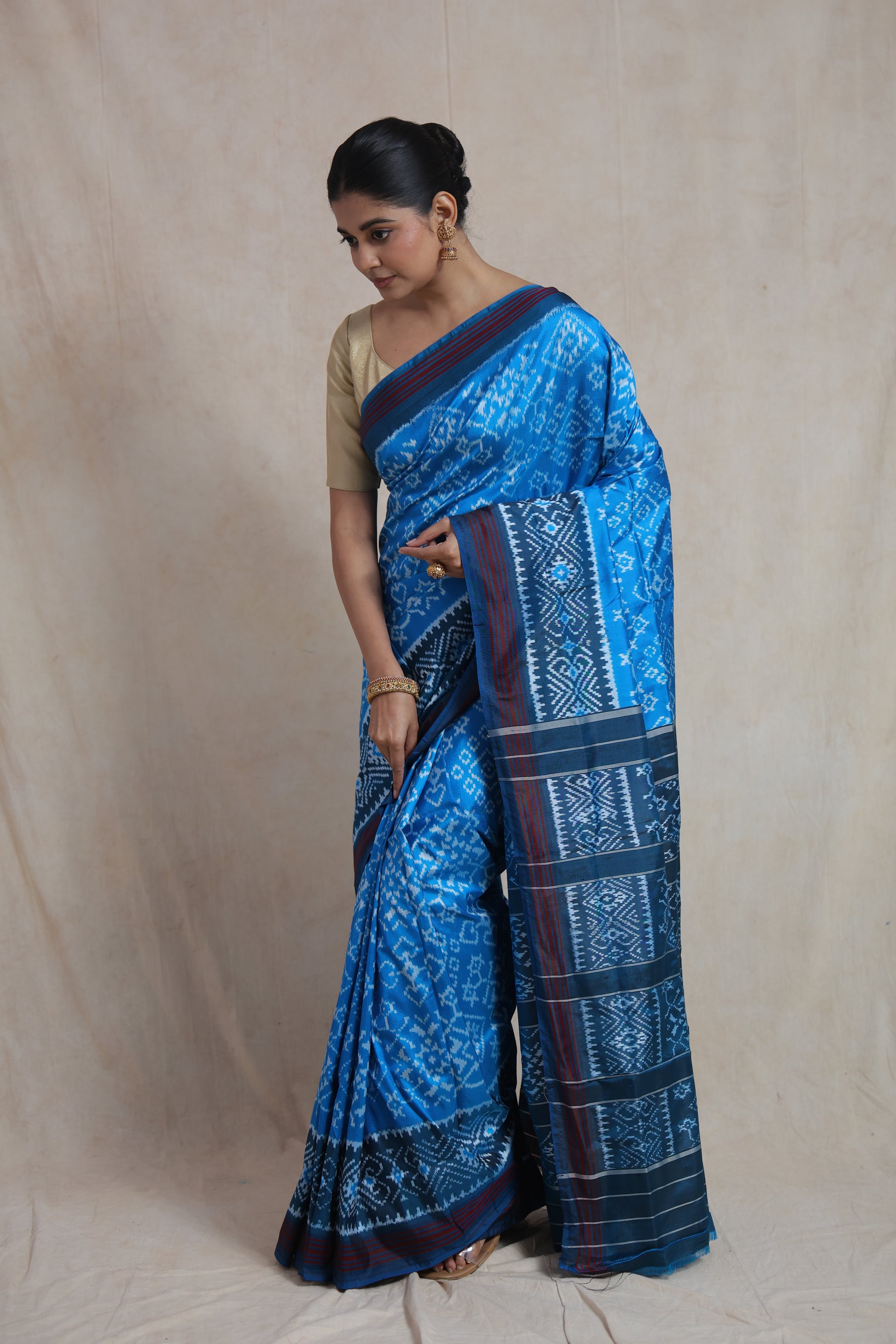 Draped view of handcrafted blue Panchampali silk saree