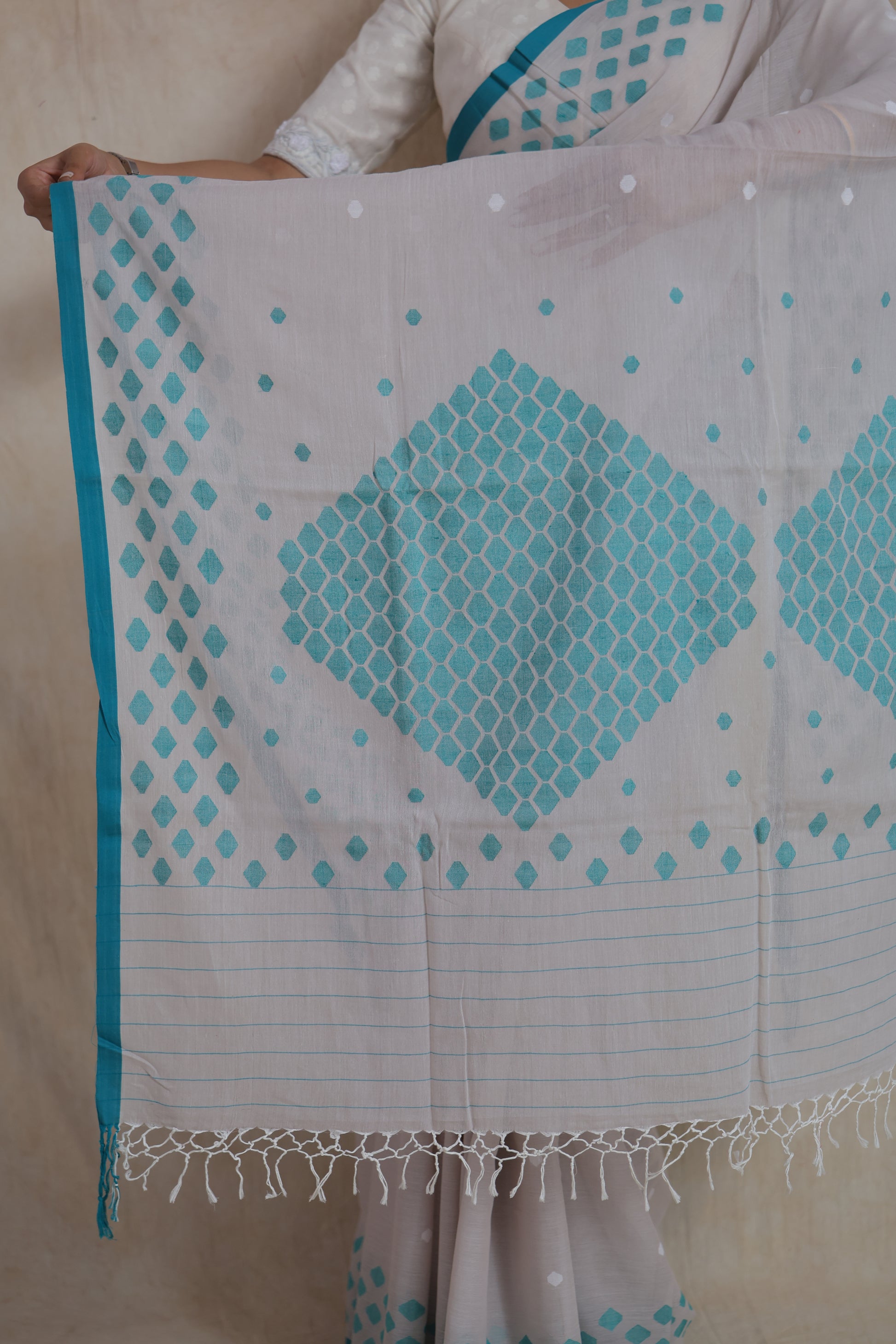 Elegant Bengal Cotton Fulia saree showcasing aqua blue woven motifs, soft cotton texture and handcrafted finish