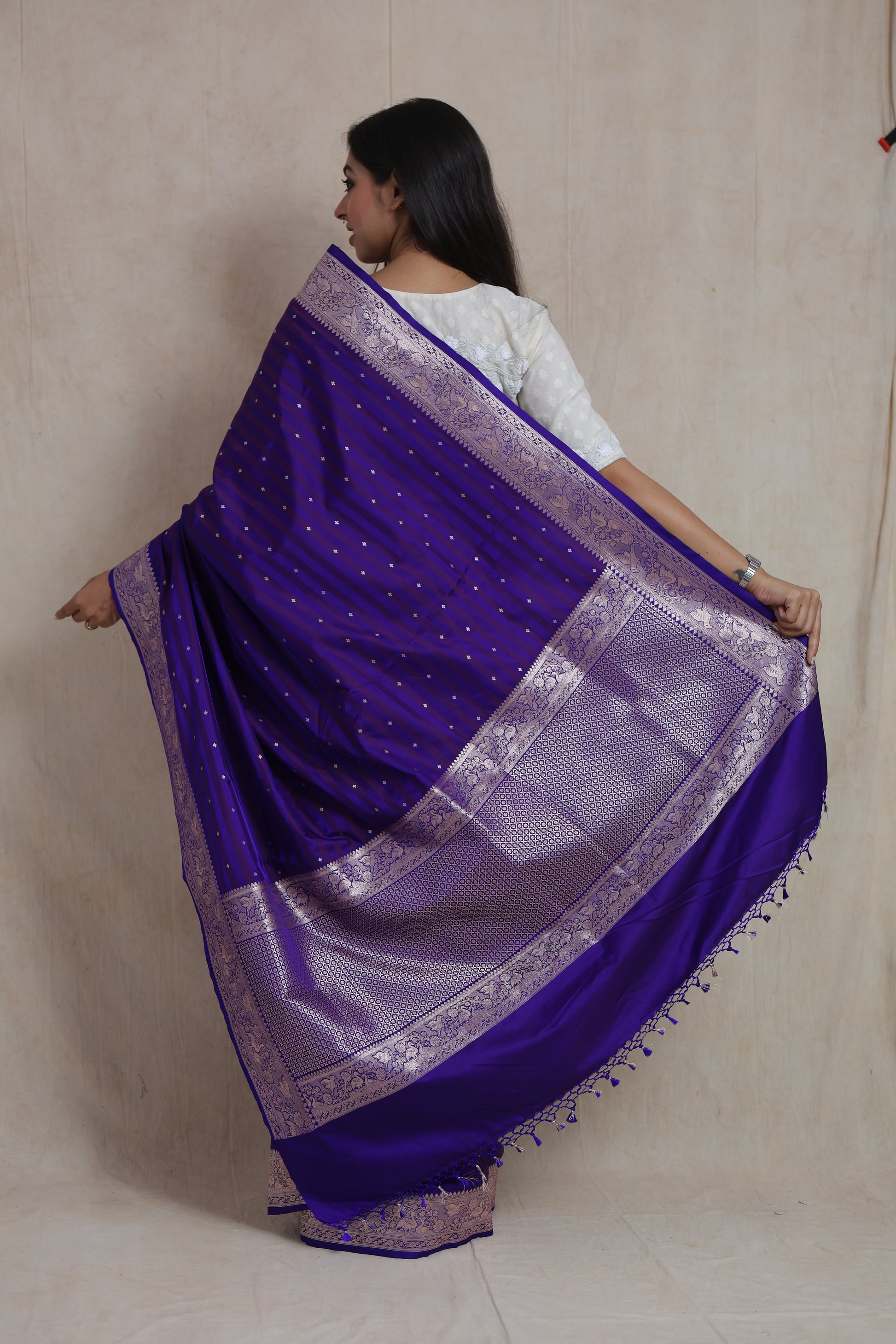 Back view of royal indigo Banarasi Art Silk saree showcasing rich silver zari pallu