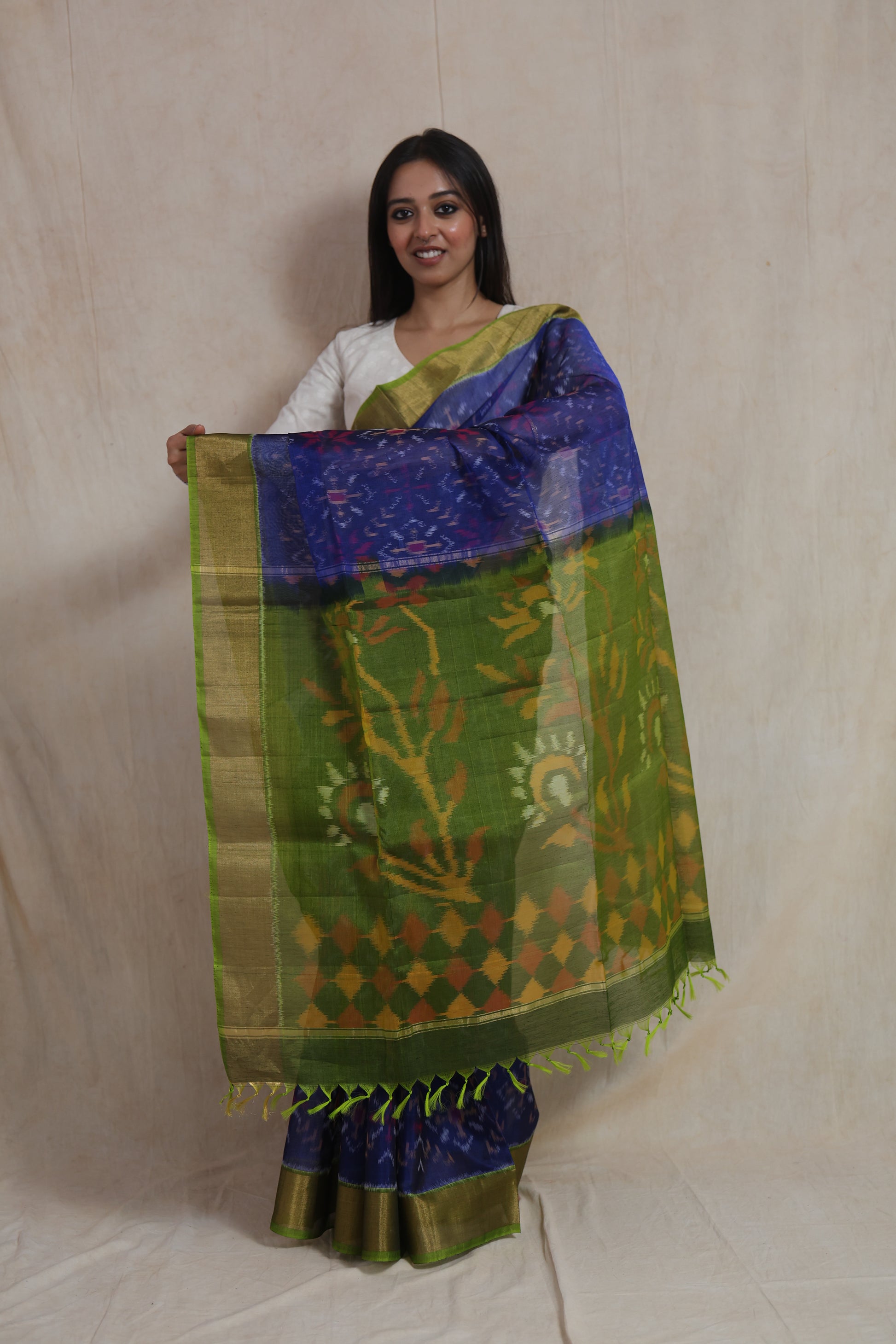 Close-up of royal indigo Panchampali silk cotton saree featuring intricate Ikat motifs and golden border